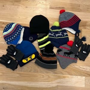 Lot of boys gloves and beanies. Two pair of YM North Face gloves.